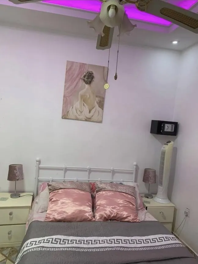 Bedroom 2: white metal bed with pink satin pillows